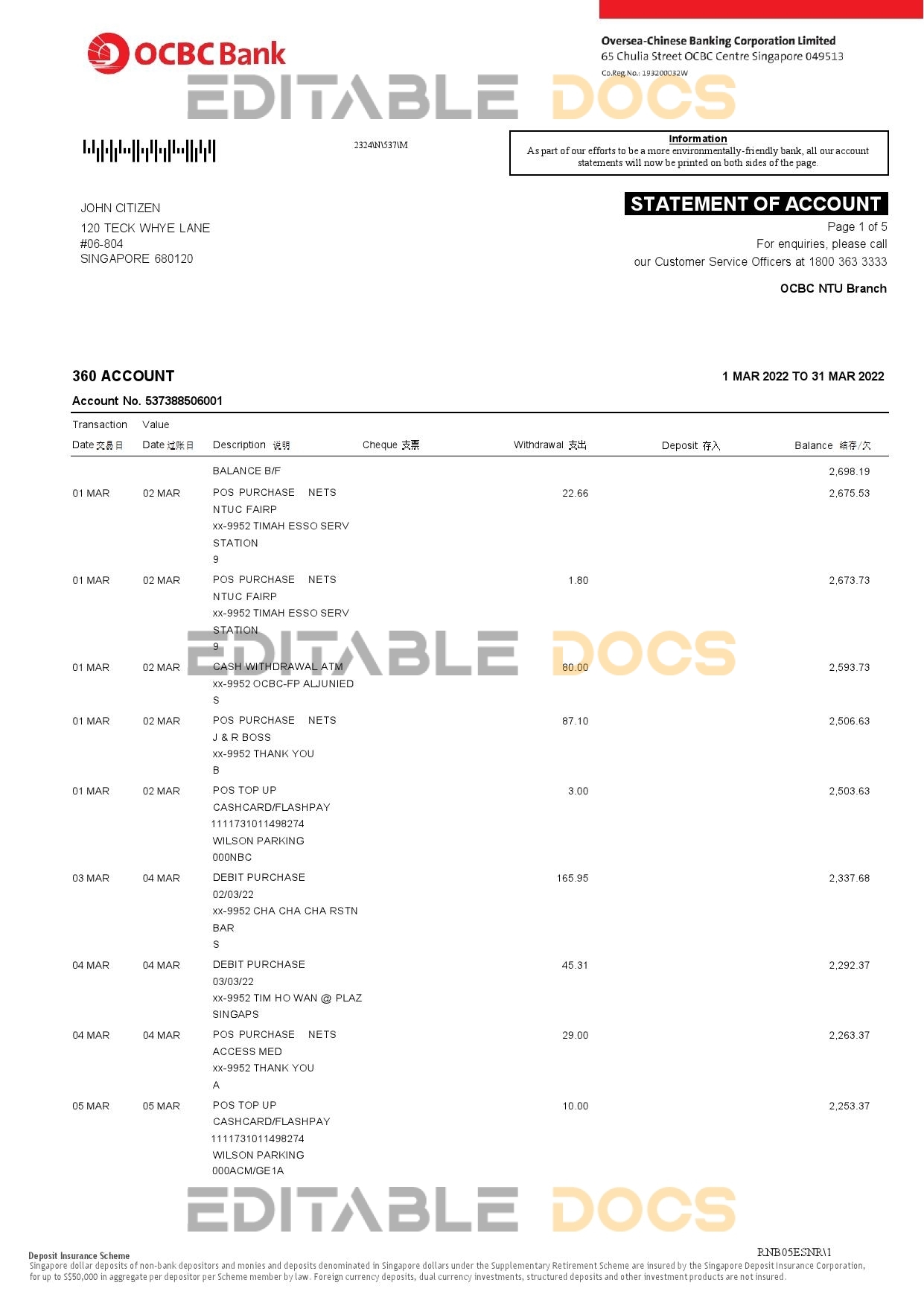 Singapore OCBC bank statement, Word and PDF template, 6 pages