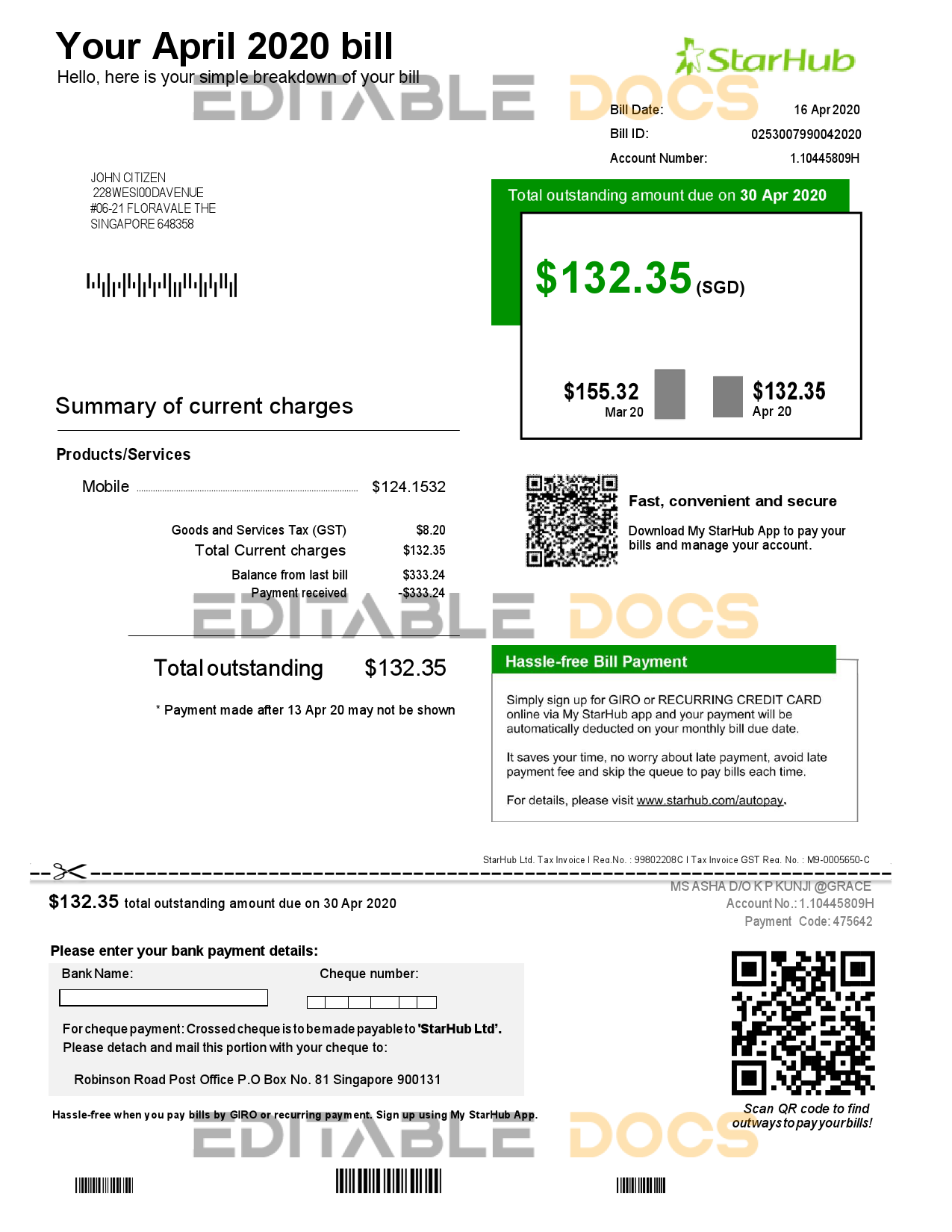 Singapore StarHub utility bill template in Word and PDF format