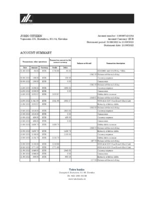 Slovakia Tatra bank statement, Excel and PDF template, version 2