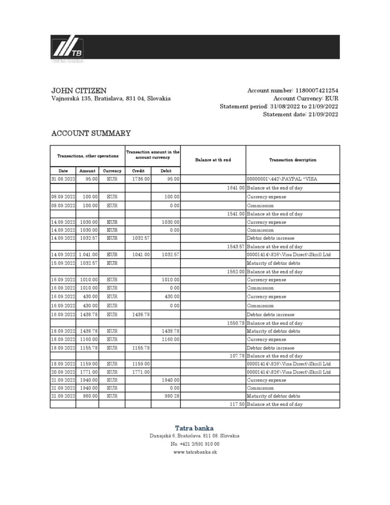 Slovakia Tatra bank statement, Excel and PDF template, version 2