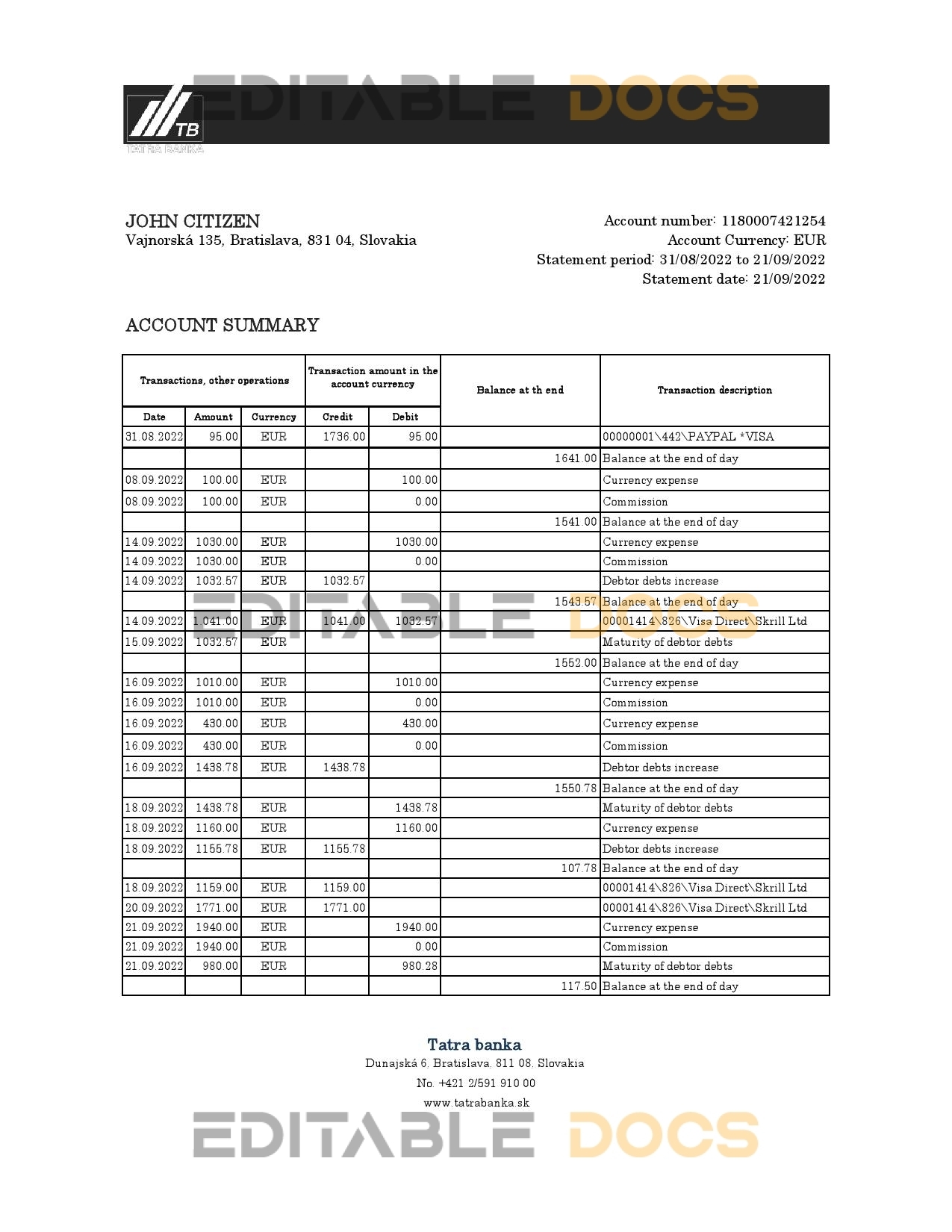 Slovakia Tatra bank statement, Excel and PDF template, version 2