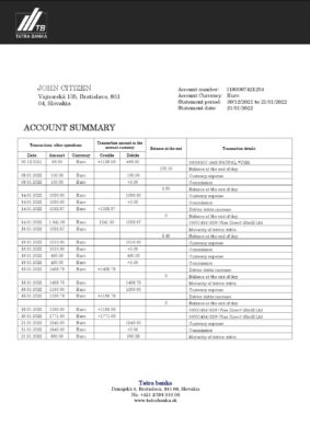 Slovakia Tatra bank statement template in Word and PDF format