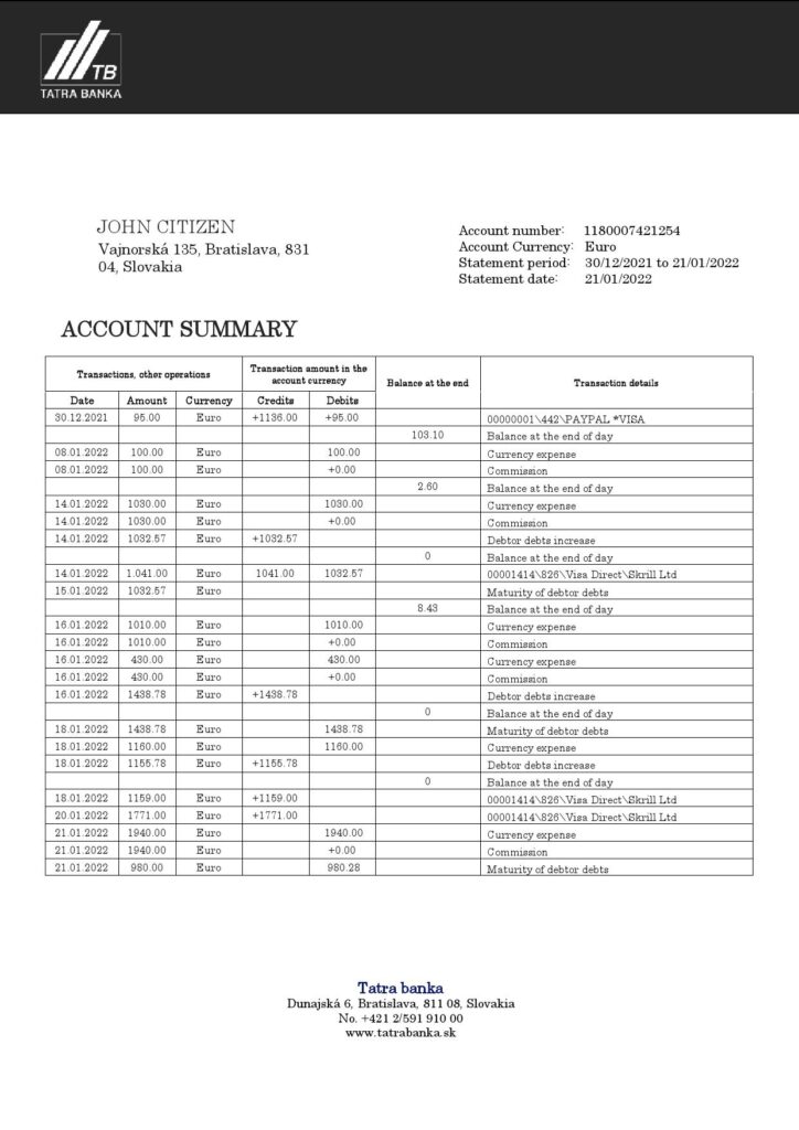 Slovakia Tatra bank statement template in Word and PDF format