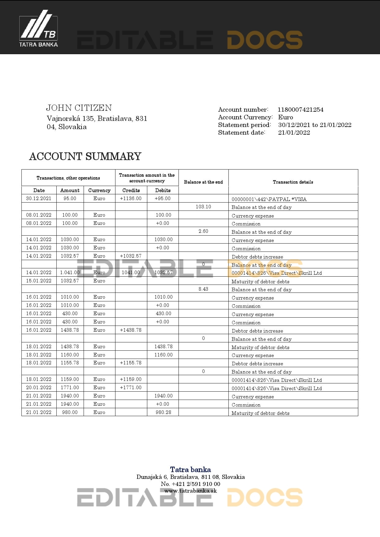 Slovakia Tatra bank statement template in Word and PDF format