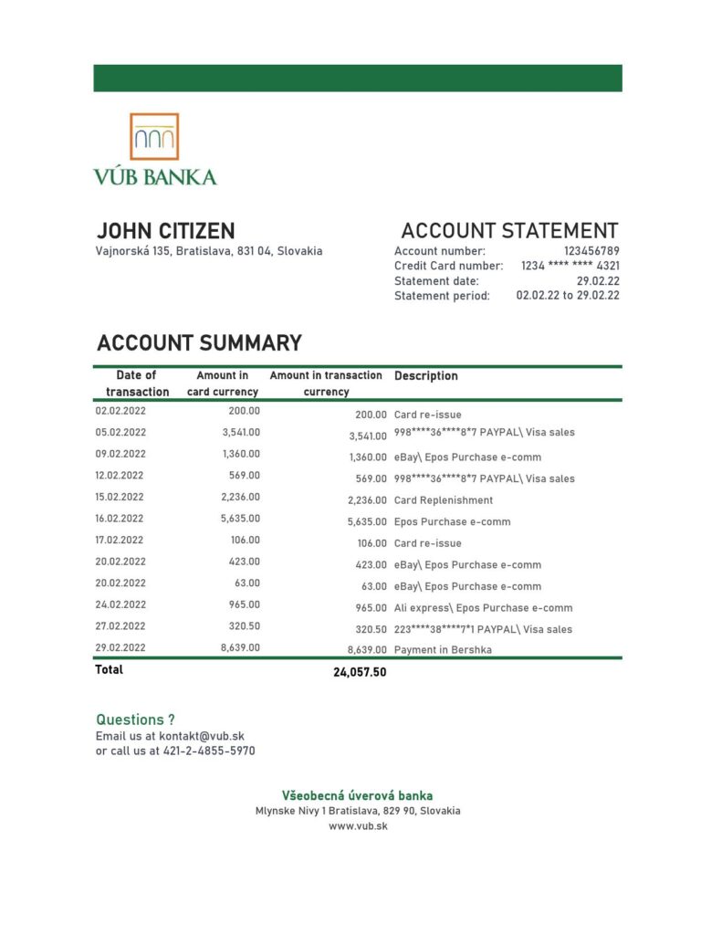 Slovakia VUB bank statement, Excel and PDF template