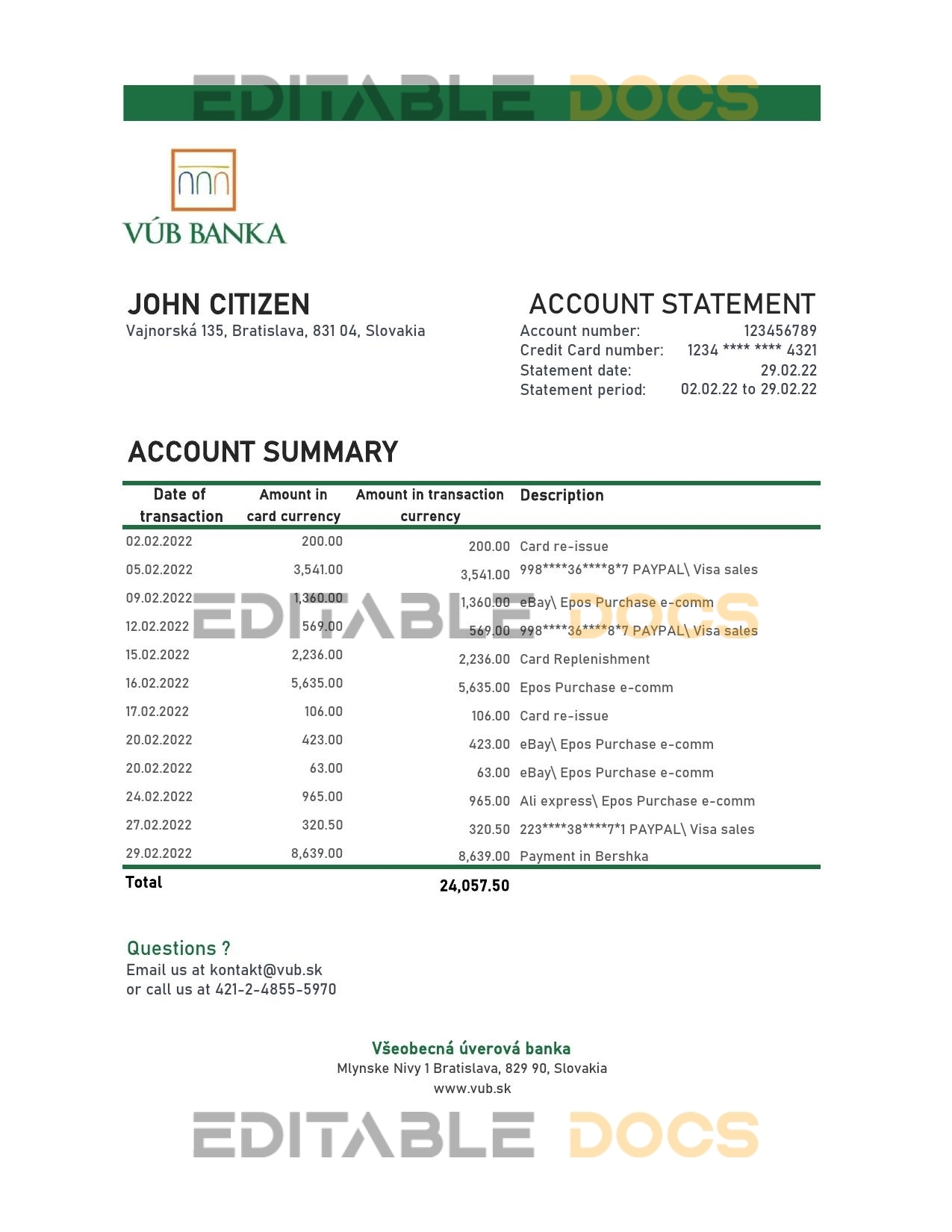 Slovakia VUB bank statement, Excel and PDF template