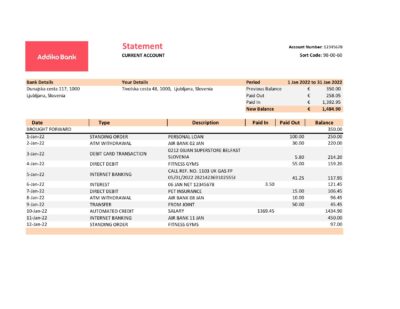 Slovenia Addiko bank statement, Excel and PDF template