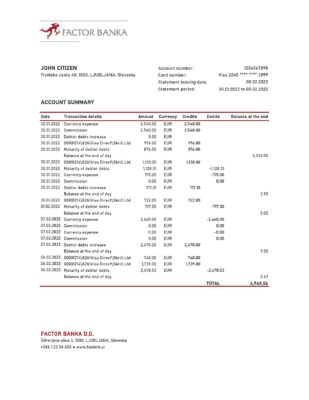 Slovenia Factor Banka bank statement, Excel and PDF template