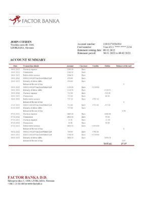 Slovenia Factor Banka bank statement in Word and PDF format