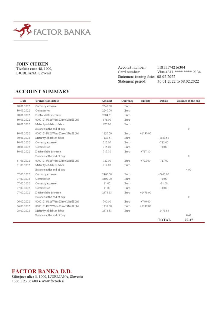 Slovenia Factor Banka bank statement in Word and PDF format