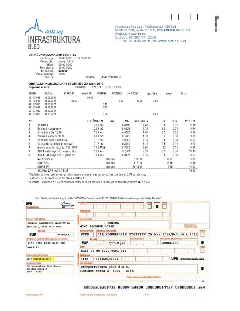 Slovenia Infrastruktura Bled utility bill template in Word and PDF format (.doc and .pdf)