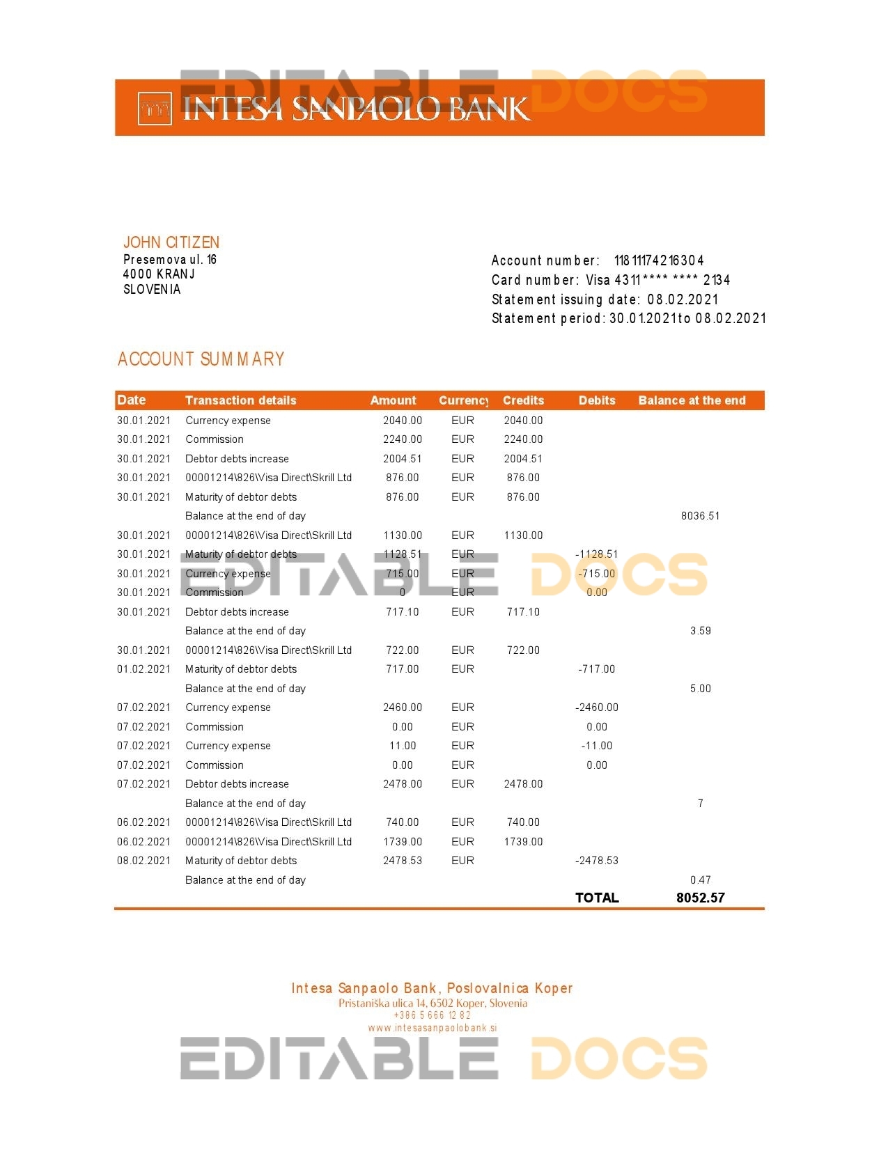 Slovenia Intesa Sanpaolo Bank, Poslovalnica Koper bank statement easy to fill template in .xls and .pdf file format