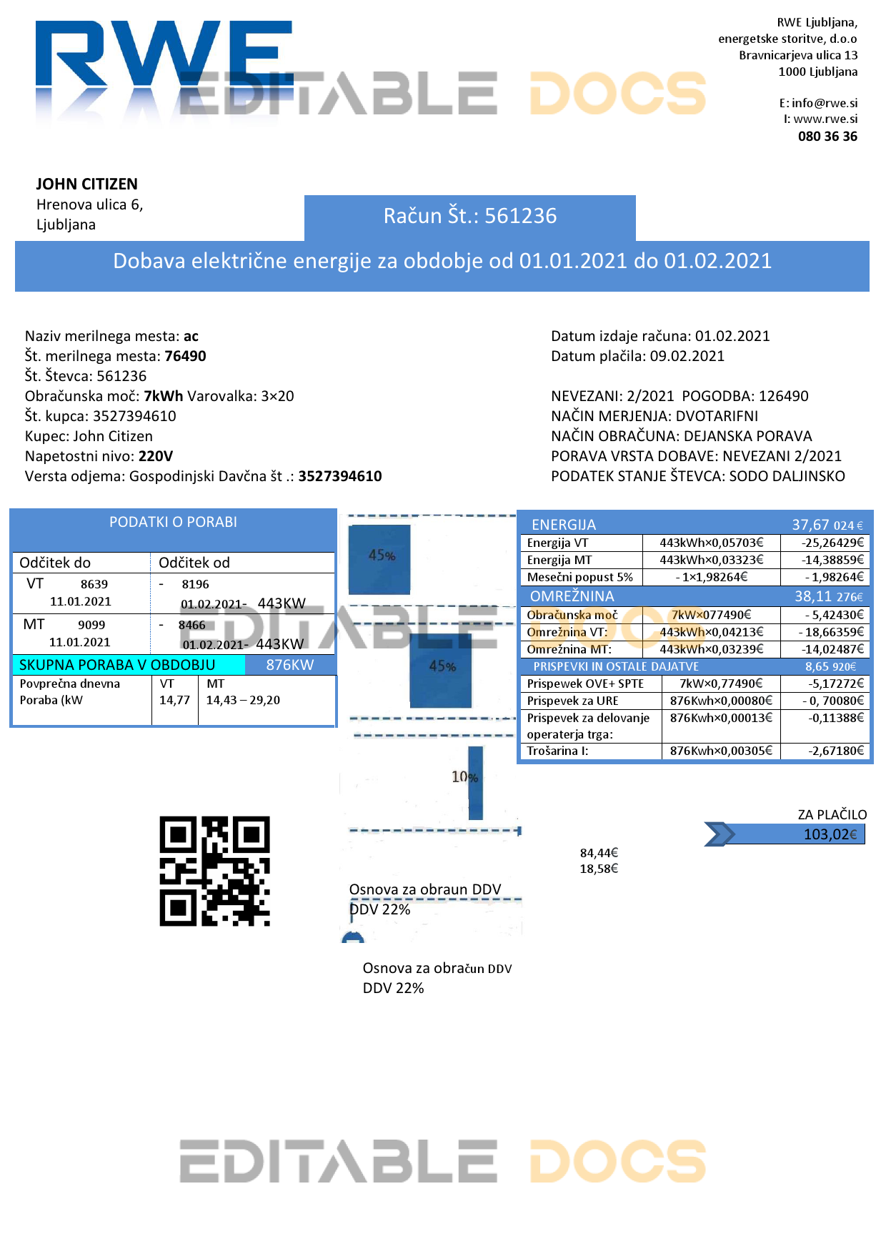 Slovenia RWE electricity proof of address utility bill template in Word and PDF format