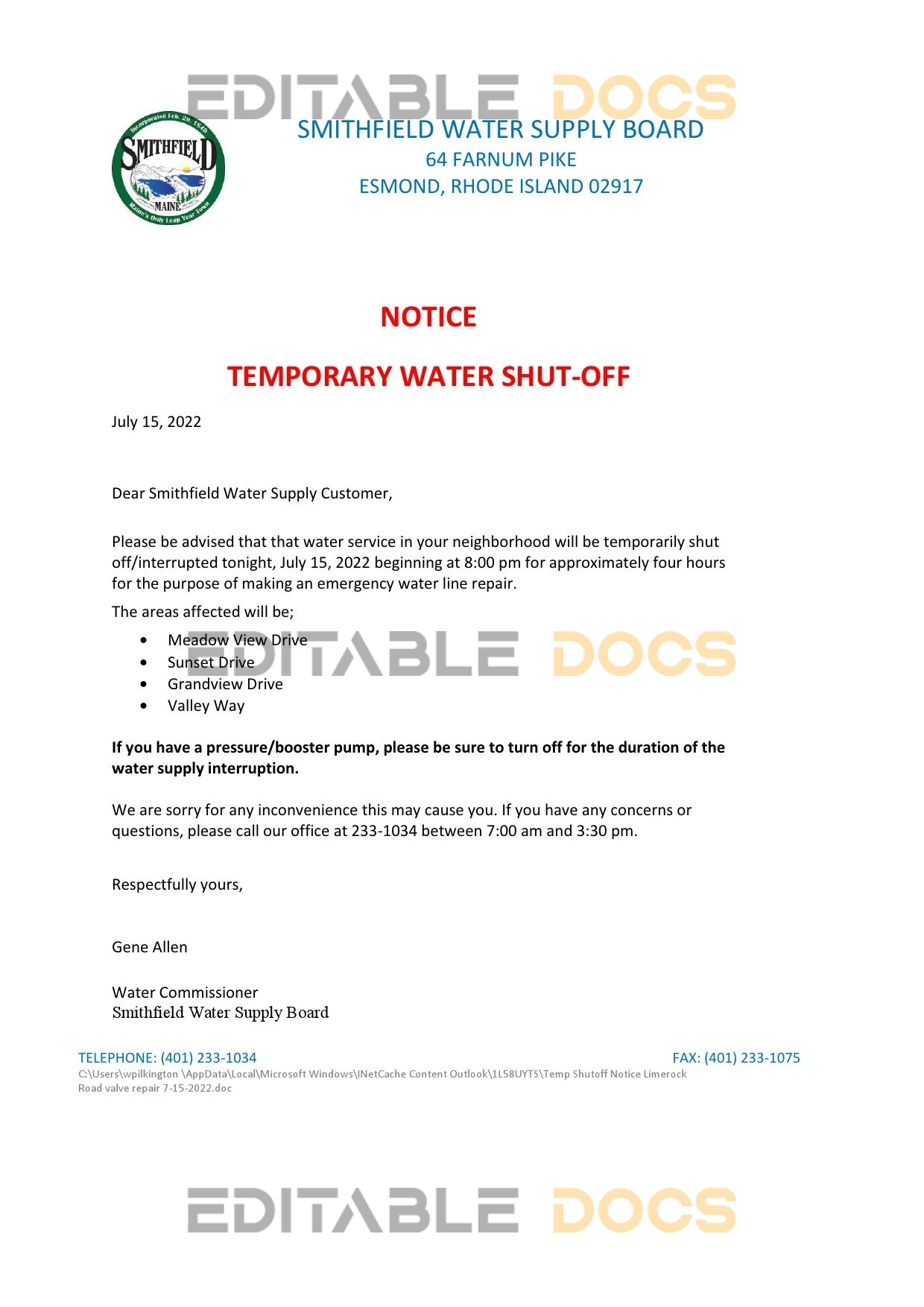 USA Rhode Island Smithfield water supply board water shut off notice, Word and PDF template