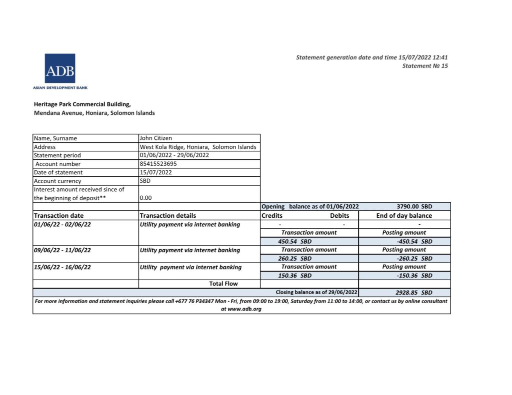 Solomon Islands ADB bank statement, Excel and PDF template