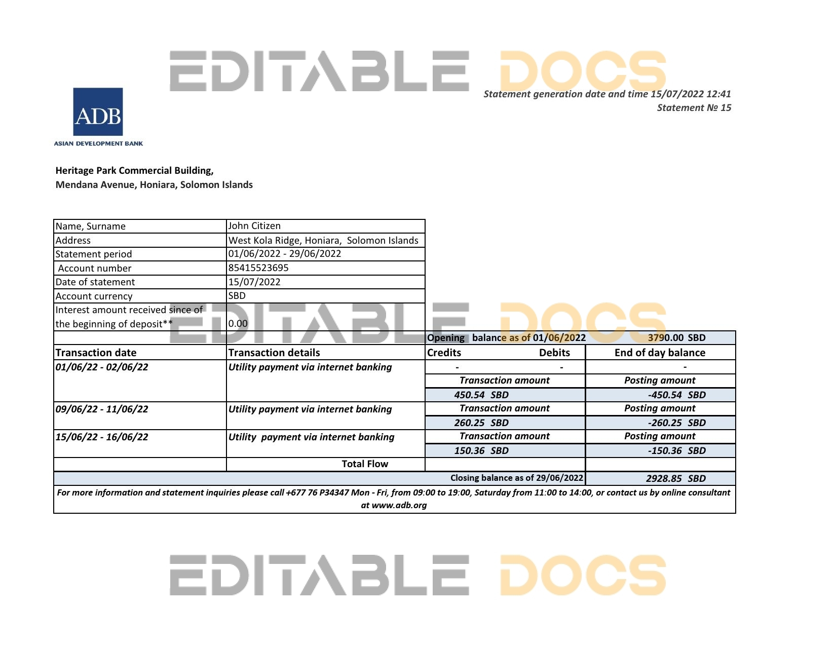 Solomon Islands ADB bank statement, Excel and PDF template