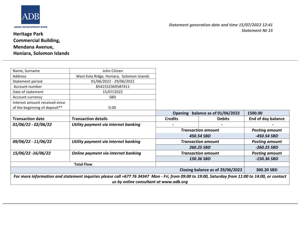 Solomon Islands ADB bank statement template in Word and PDF format