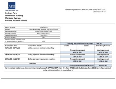 Solomon Islands ADB bank statement template in Word and PDF format