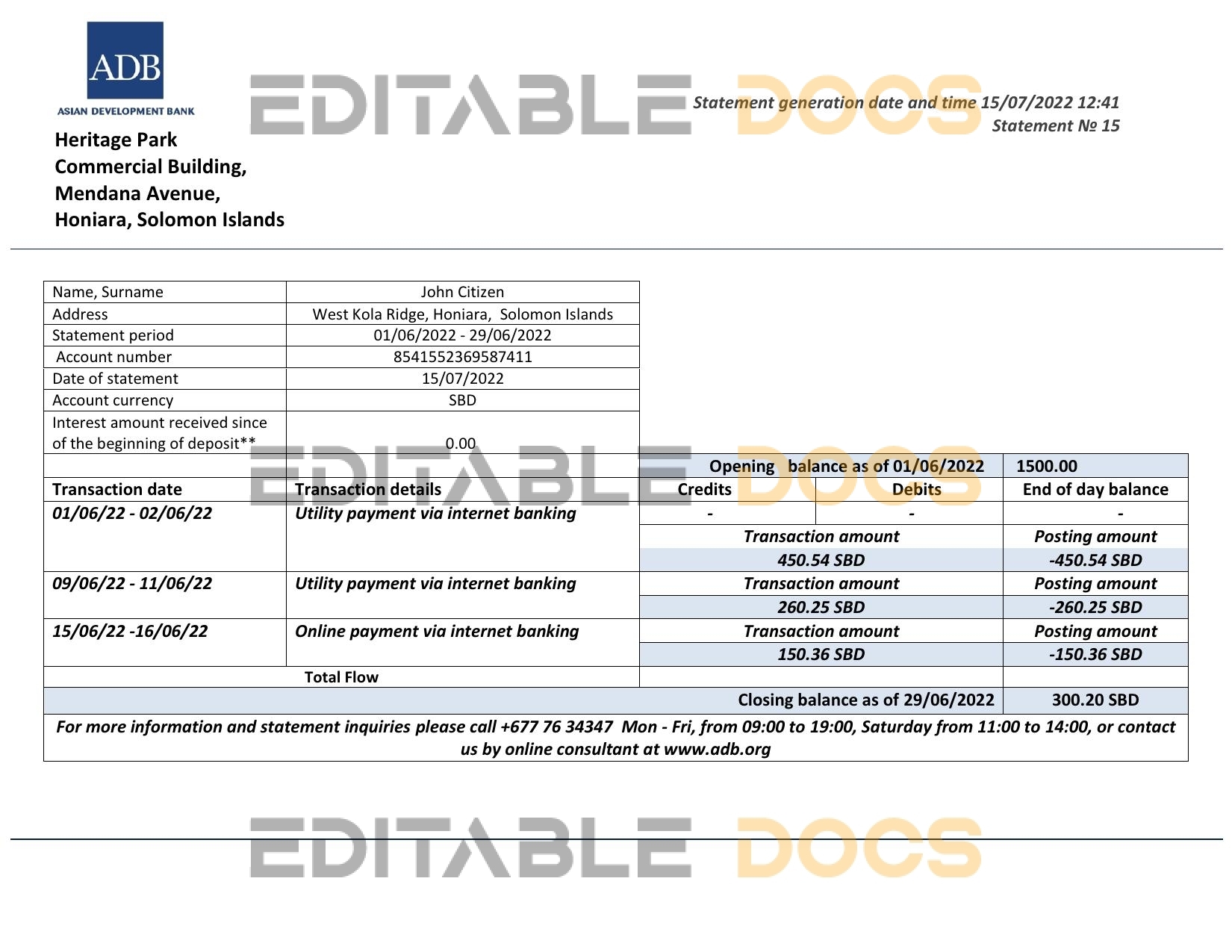 Solomon Islands ADB bank statement template in Word and PDF format