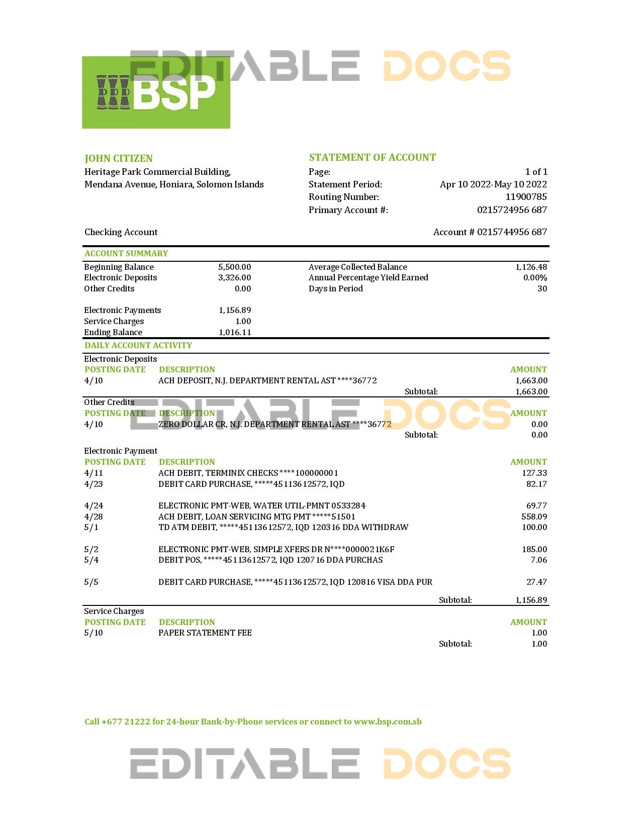 Solomon Islands BSP bank statement, Excel and PDF template