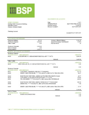 Solomon Islands BSP bank statement template in Word and PDF format