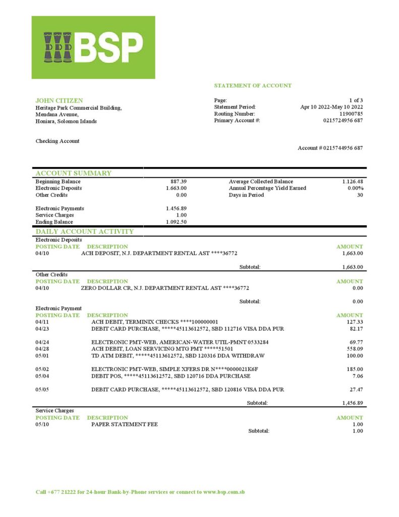 Solomon Islands BSP bank statement template in Word and PDF format