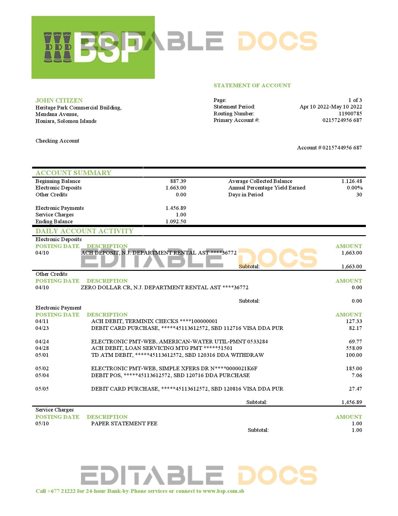 Solomon Islands BSP bank statement template in Word and PDF format