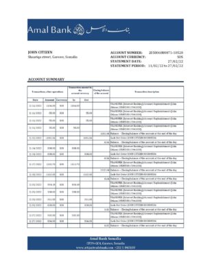 Somalia Amal bank statement, Excel and PDF template
