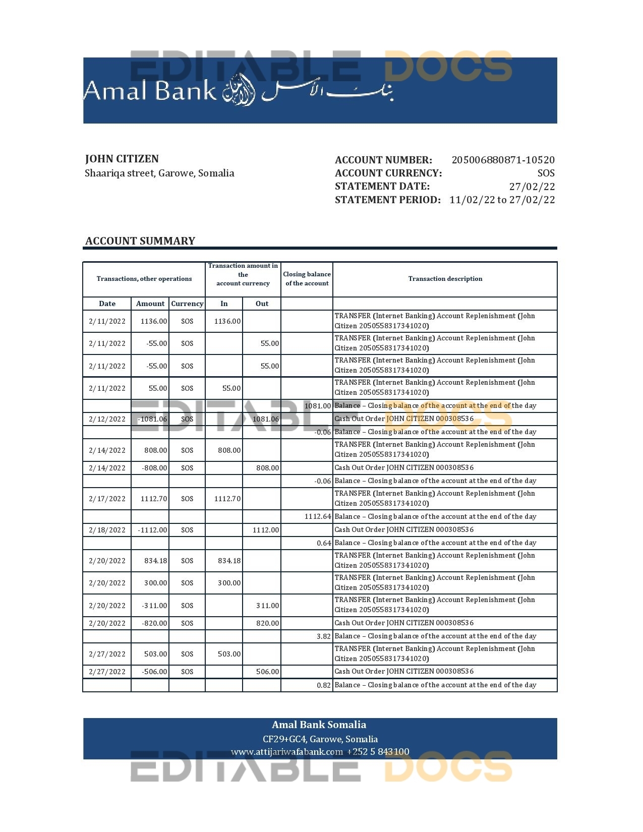 Somalia Amal bank statement, Excel and PDF template
