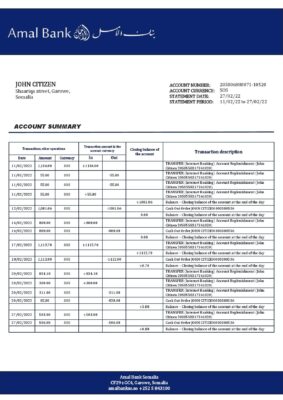 Somalia Amal bank statement template in Word and PDF format