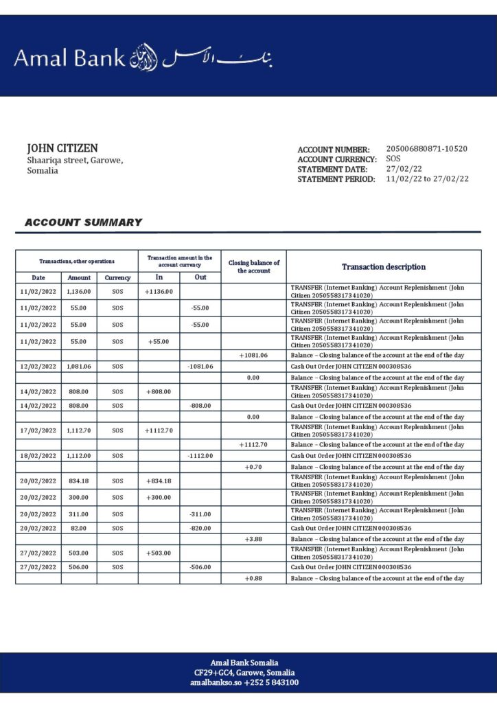 Somalia Amal bank statement template in Word and PDF format