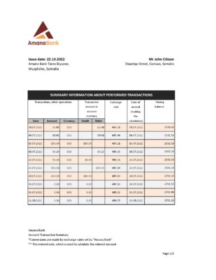 Somalia Amana bank statement, Excel and PDF template