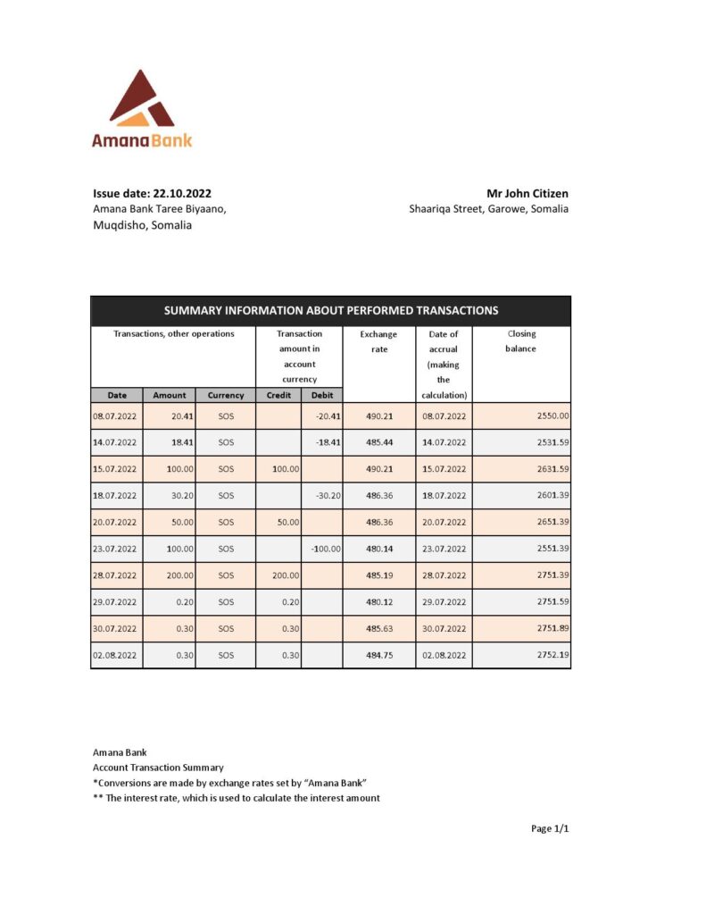 Somalia Amana bank statement, Excel and PDF template
