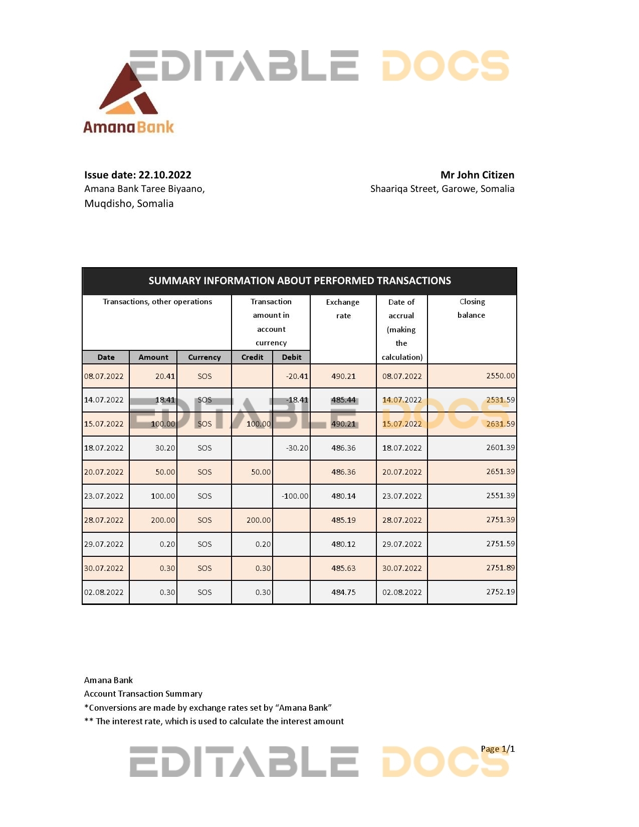Somalia Amana bank statement, Excel and PDF template