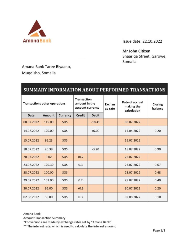 Somalia Amana bank statement template in Word and PDF format