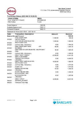 South Africa ABSA bank statement easy to fill template in Excel and PDF format (9 pages)