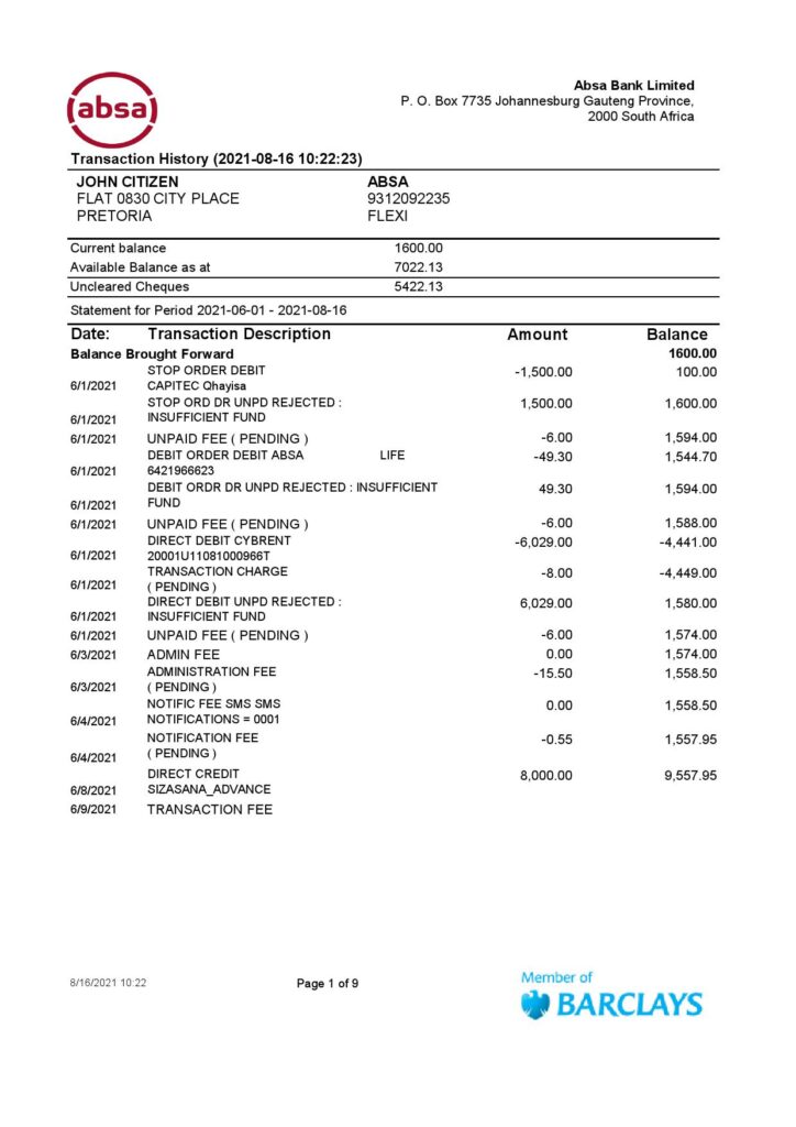 South Africa ABSA bank statement easy to fill template in Excel and PDF format (9 pages) 1