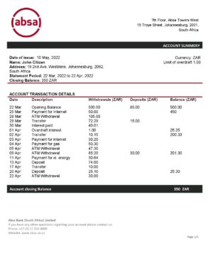 Africa Editable Docs 11 South Africa ABSA bank statement template in Word and PDF format