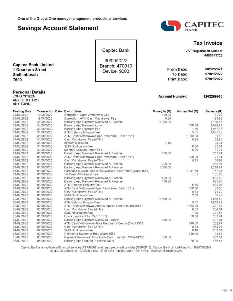 South Africa Capitec bank savings account statement template in Word and PDF format