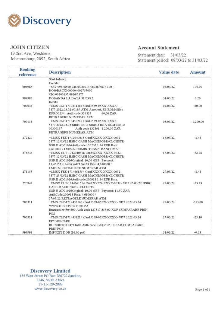 South Africa Discovery bank statement template in Word and PDF format
