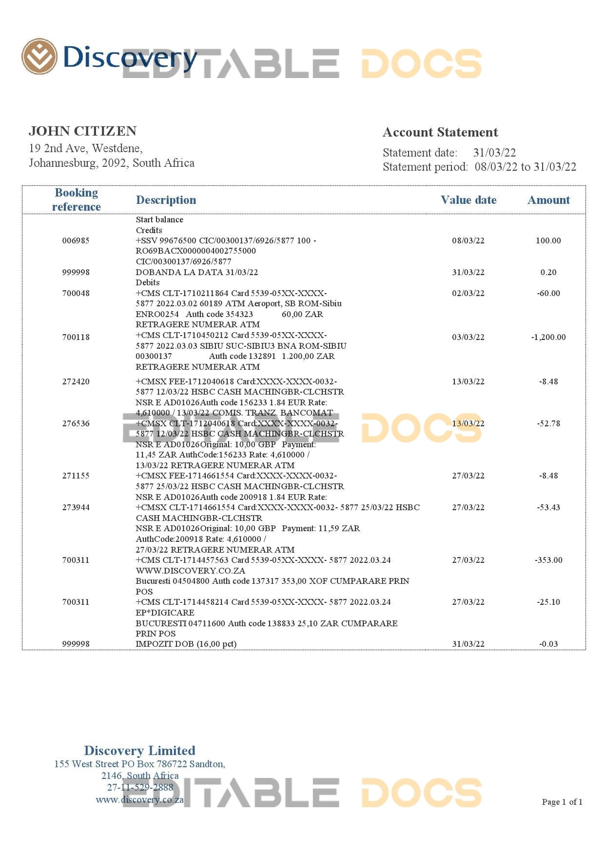 South Africa Discovery bank statement template in Word and PDF format