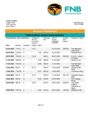 Africa Editable Docs 6 South Africa First National Bank (FNB) proof of address statement