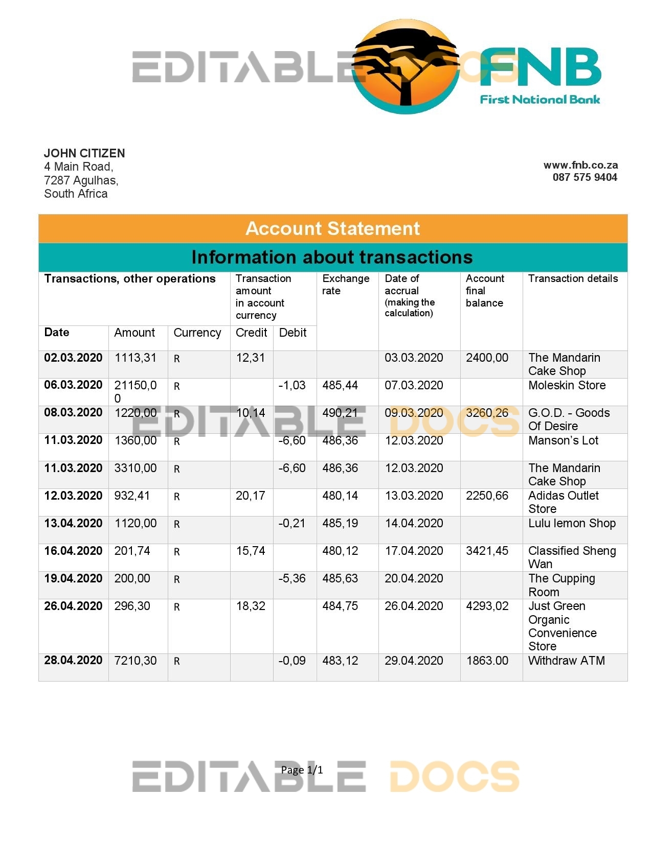 South Africa First National Bank (FNB) proof of address statement template in Word and PDF format