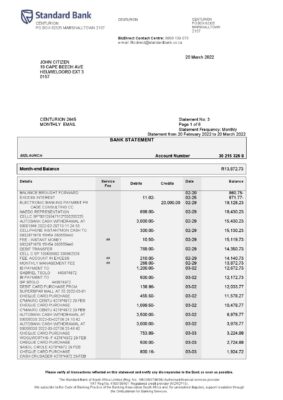 South Africa Standard bank statement, Word and PDF template, 6 pages