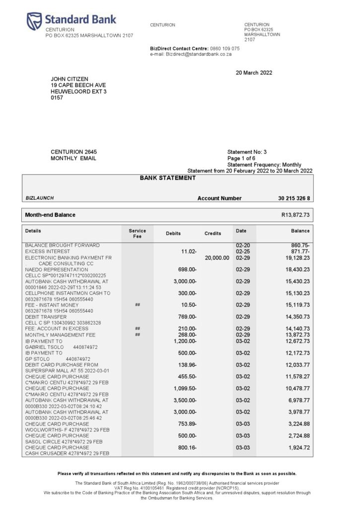 South Africa Standard bank statement, Word and PDF template, 6 pages 1