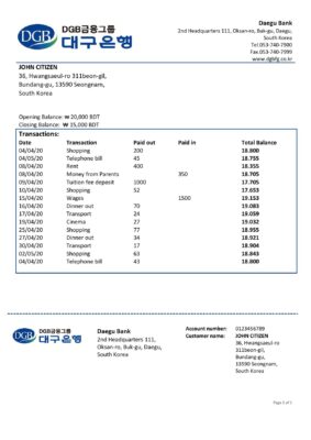 South Korea Daegu bank proof of address statement template in Word and PDF format