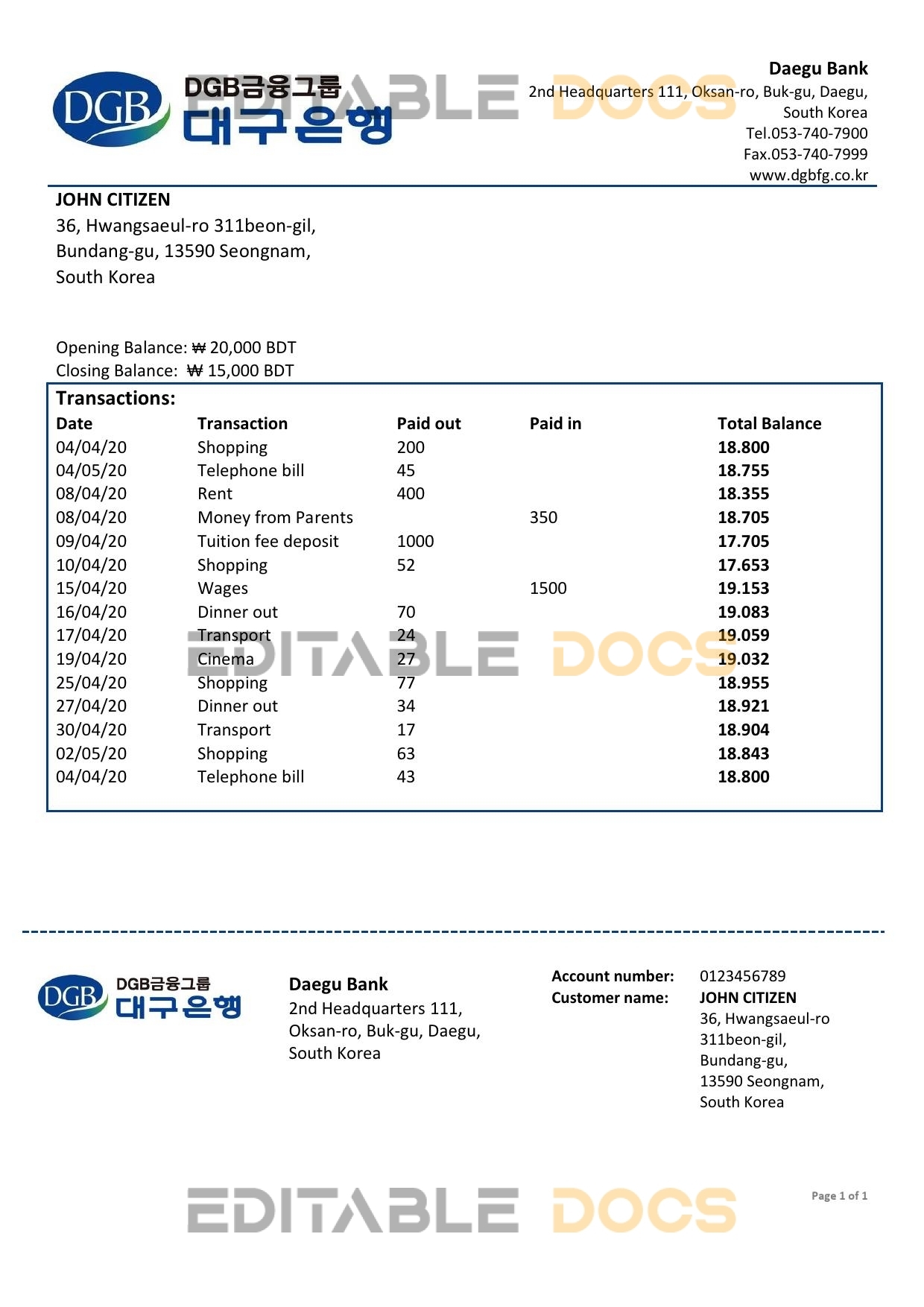 South Korea Daegu bank proof of address statement template in Word and PDF format
