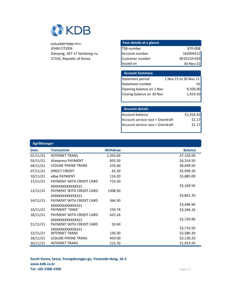 South Korea KDB bank statement easy to fill template in Excel and PDF format