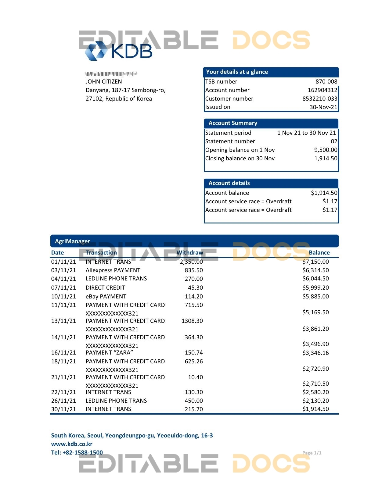 South Korea KDB bank statement easy to fill template in Excel and PDF format
