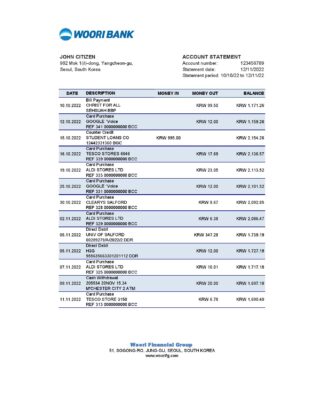South Korea Woori bank statement, Excel and PDF template